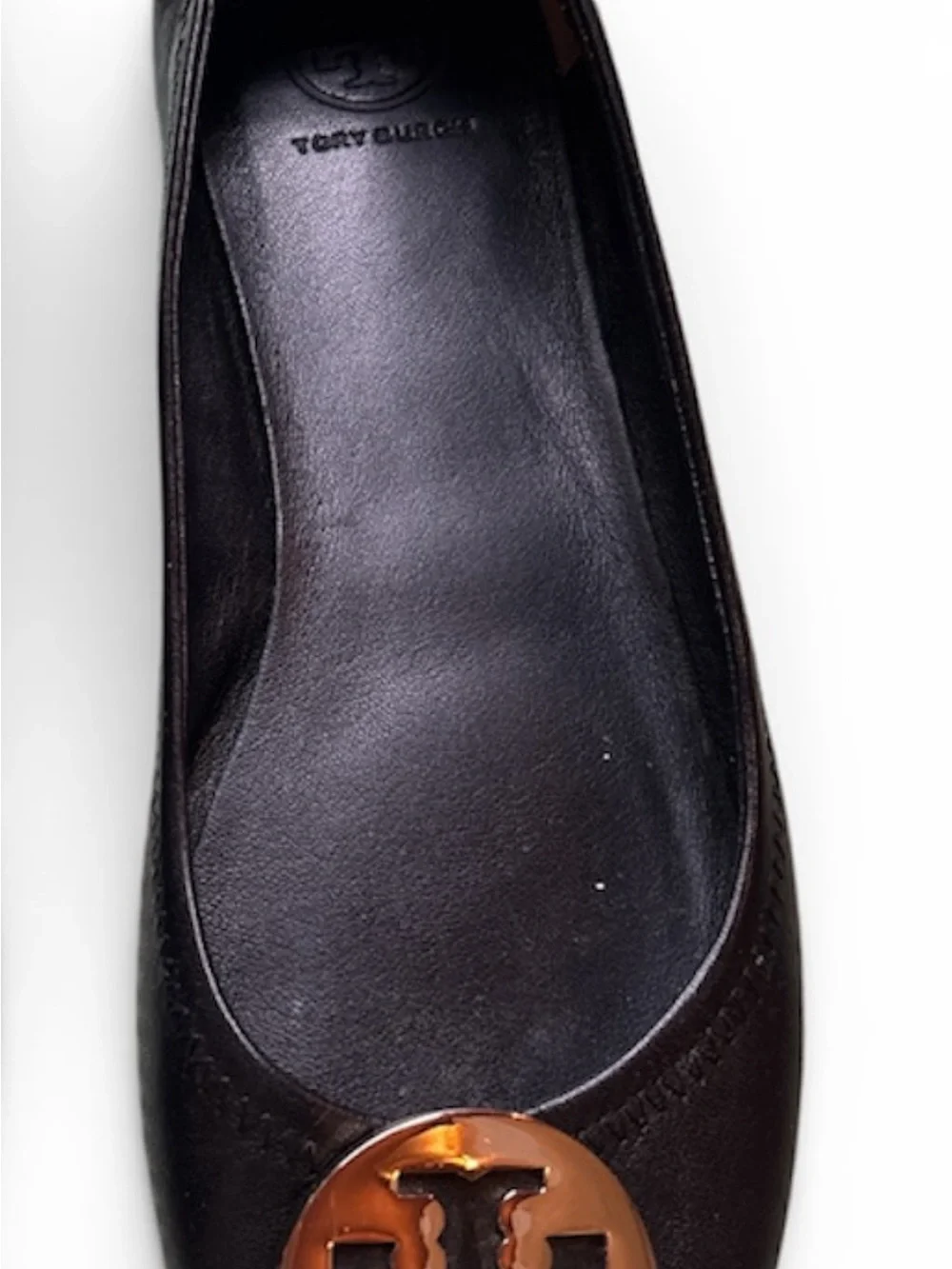 Tory Burch Black Leather Flats with Gold Logo Medallion